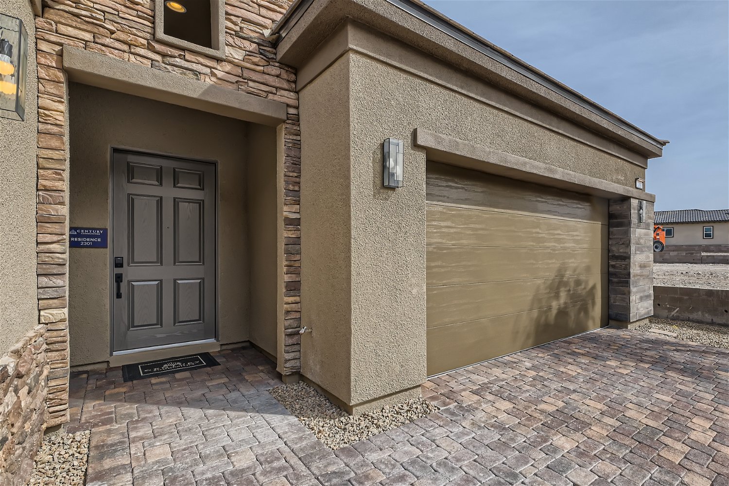 A building with a garage.