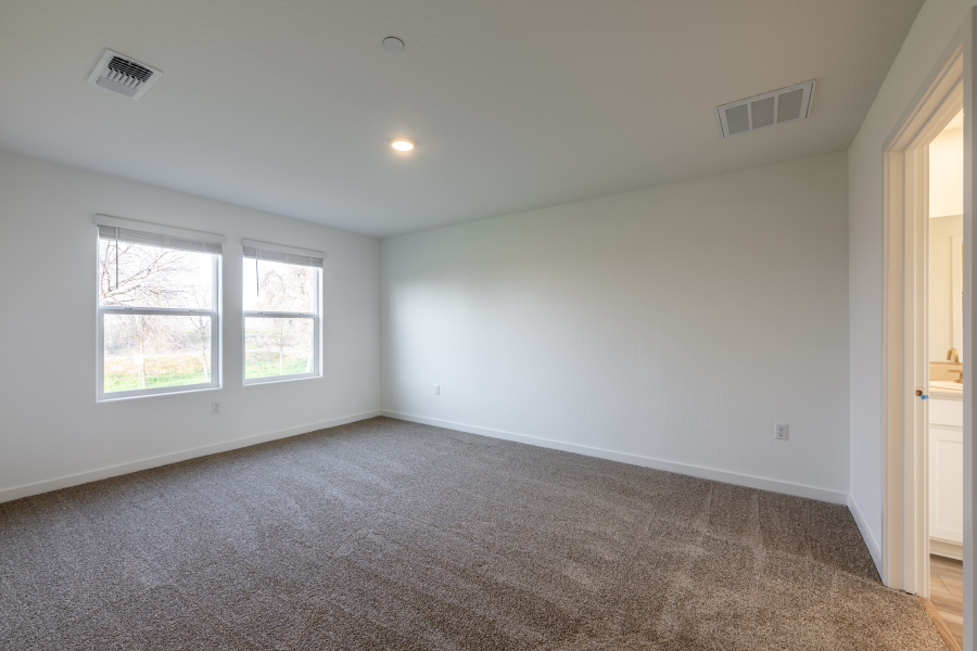 A room with a carpet and windows.