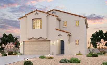 A white house with a garage.
