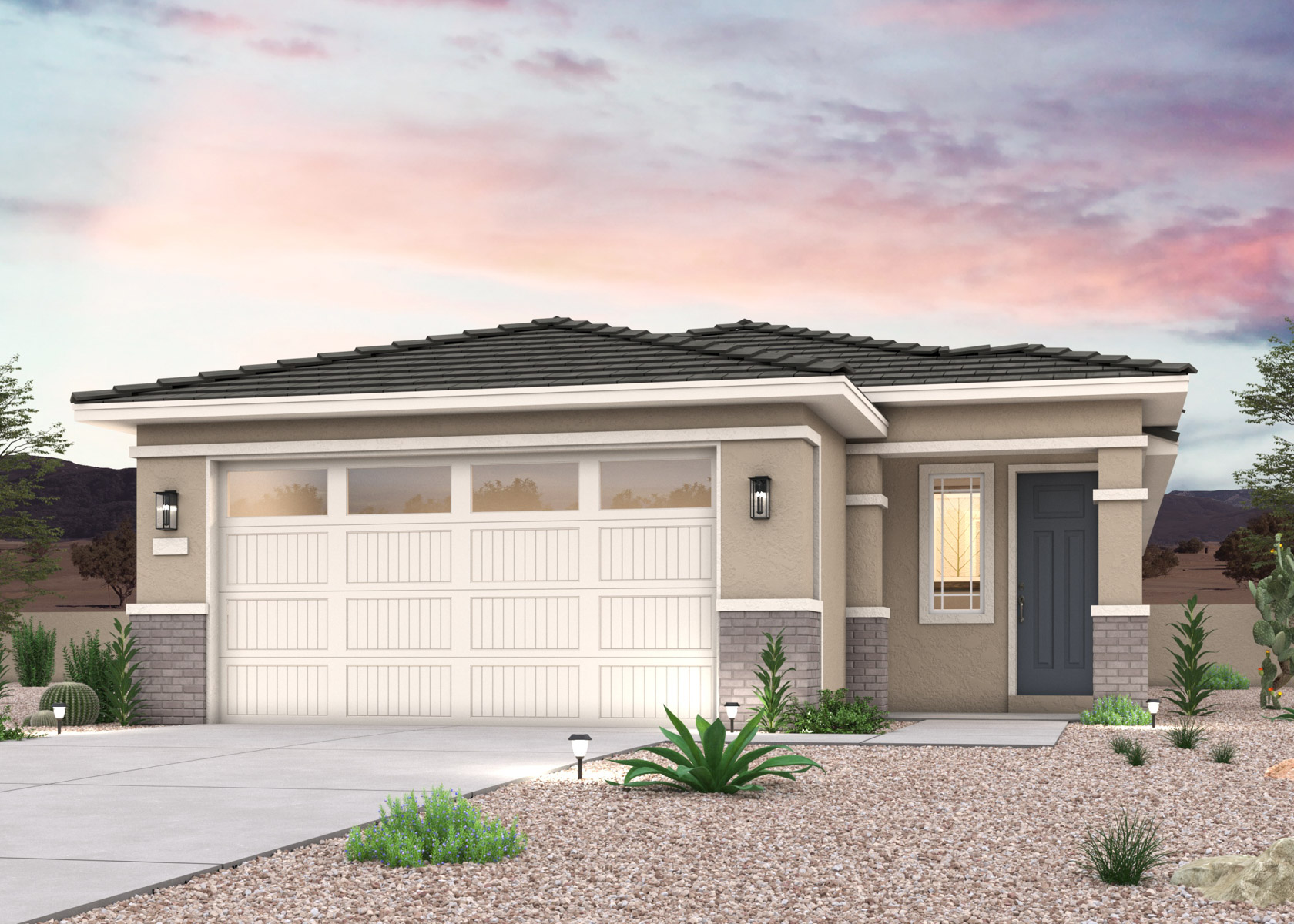 A twilight rendering of a new home in Buckeye, AZ at Manzanita at Teravalis by Century Communities.
