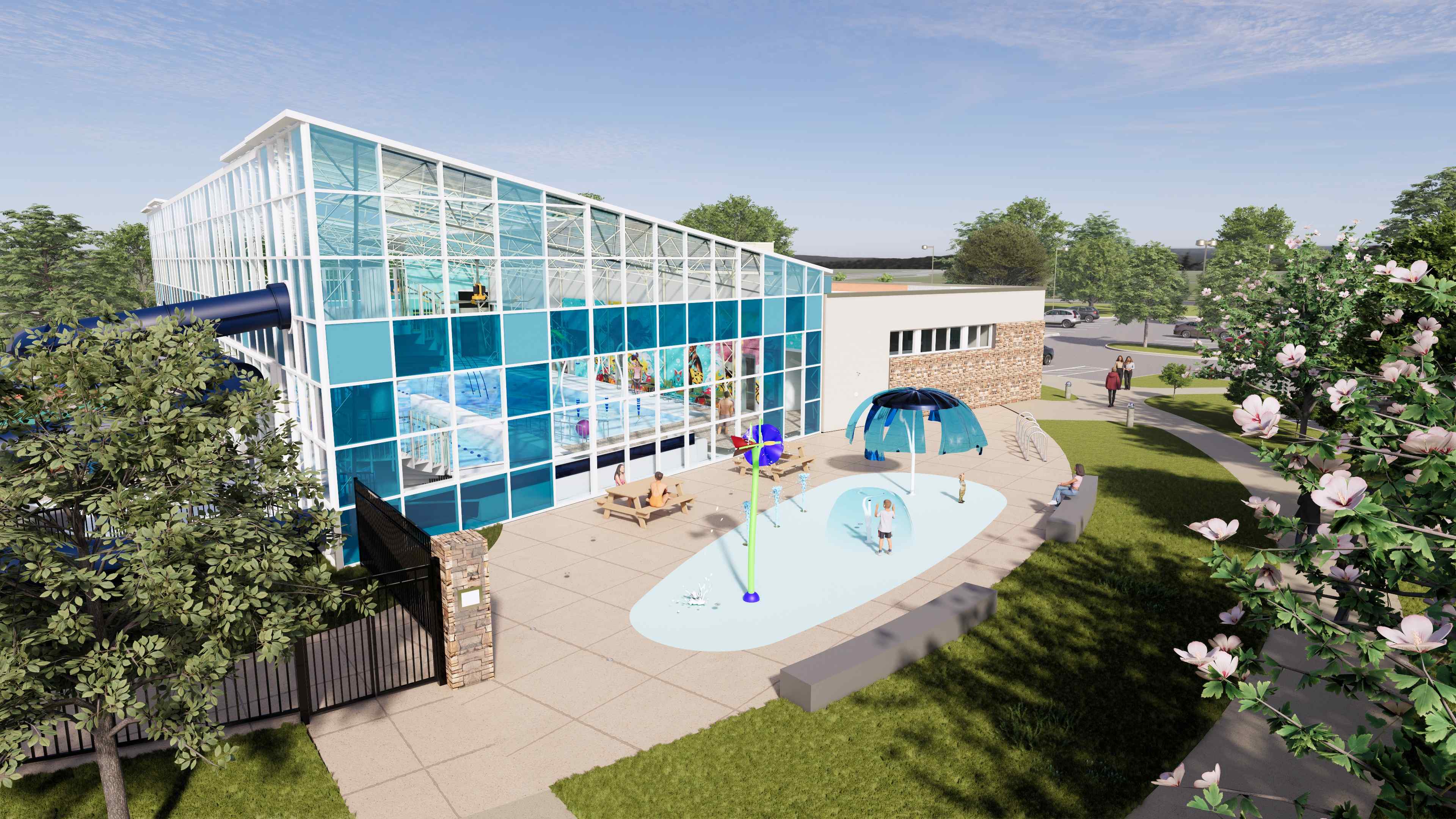 A building with a pool and a swimming pool.