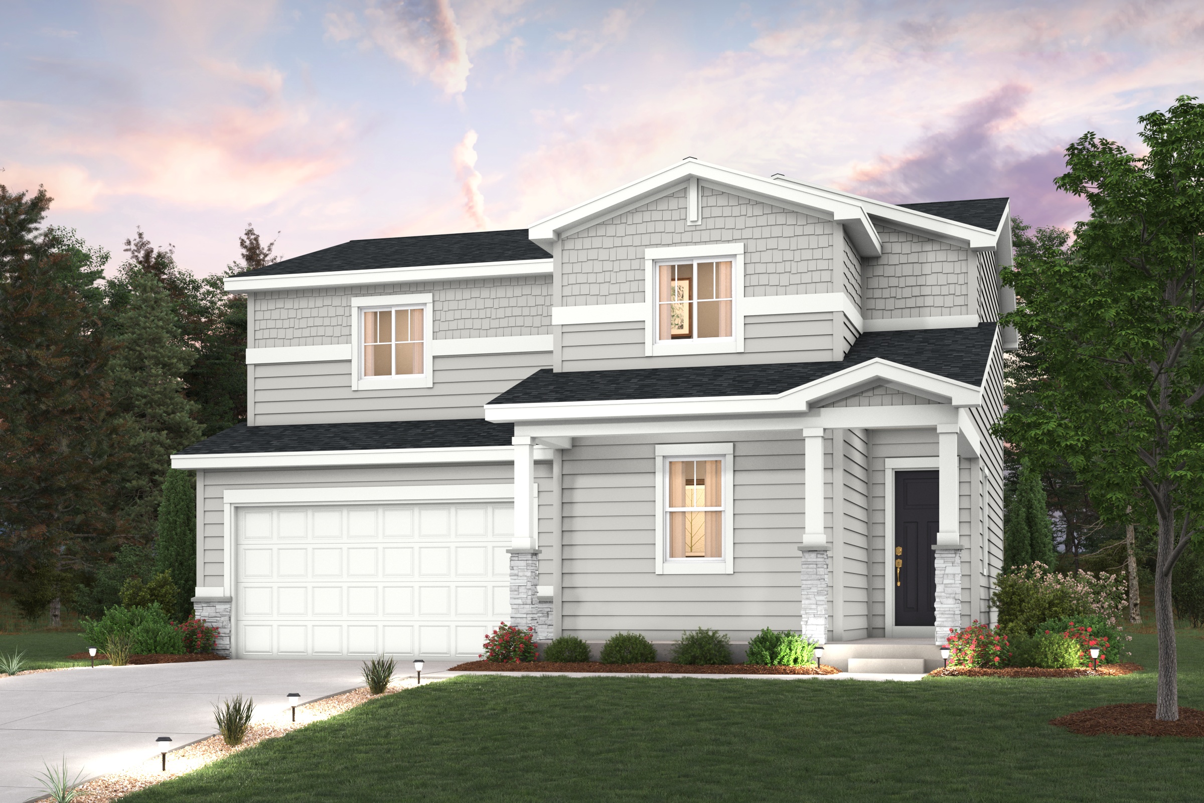 Ontario Elevation B rendering image with home illustration with landscaping and driveway