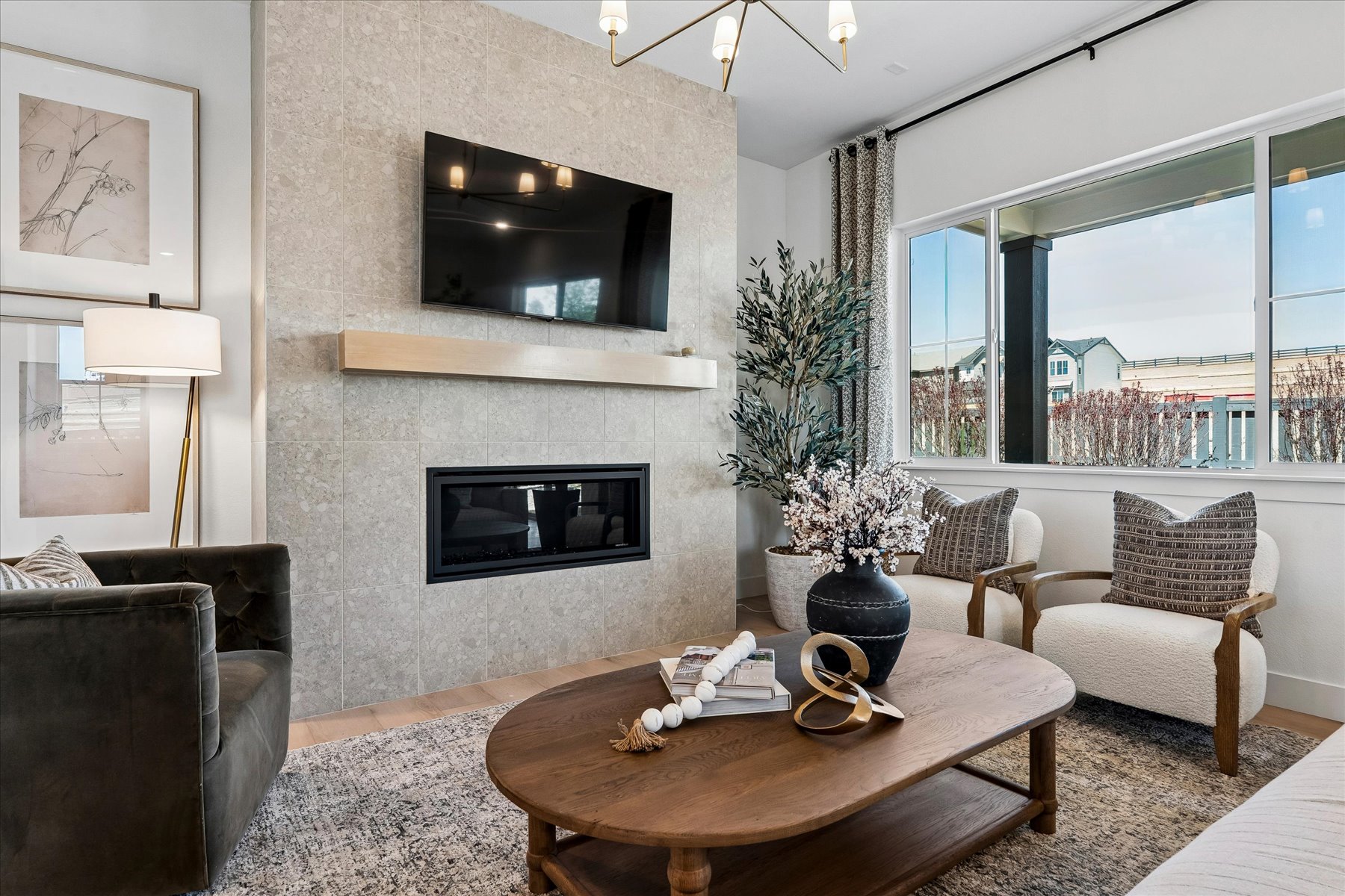 A living room with a fireplace.