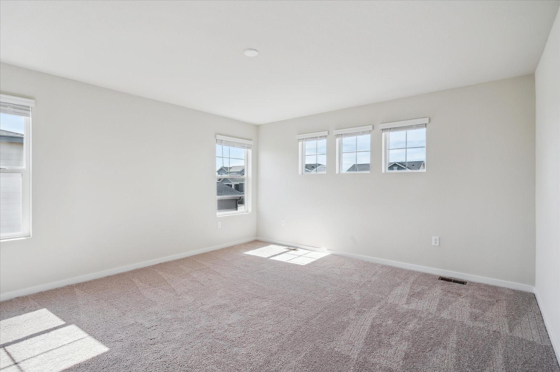 A room with a carpet and windows.