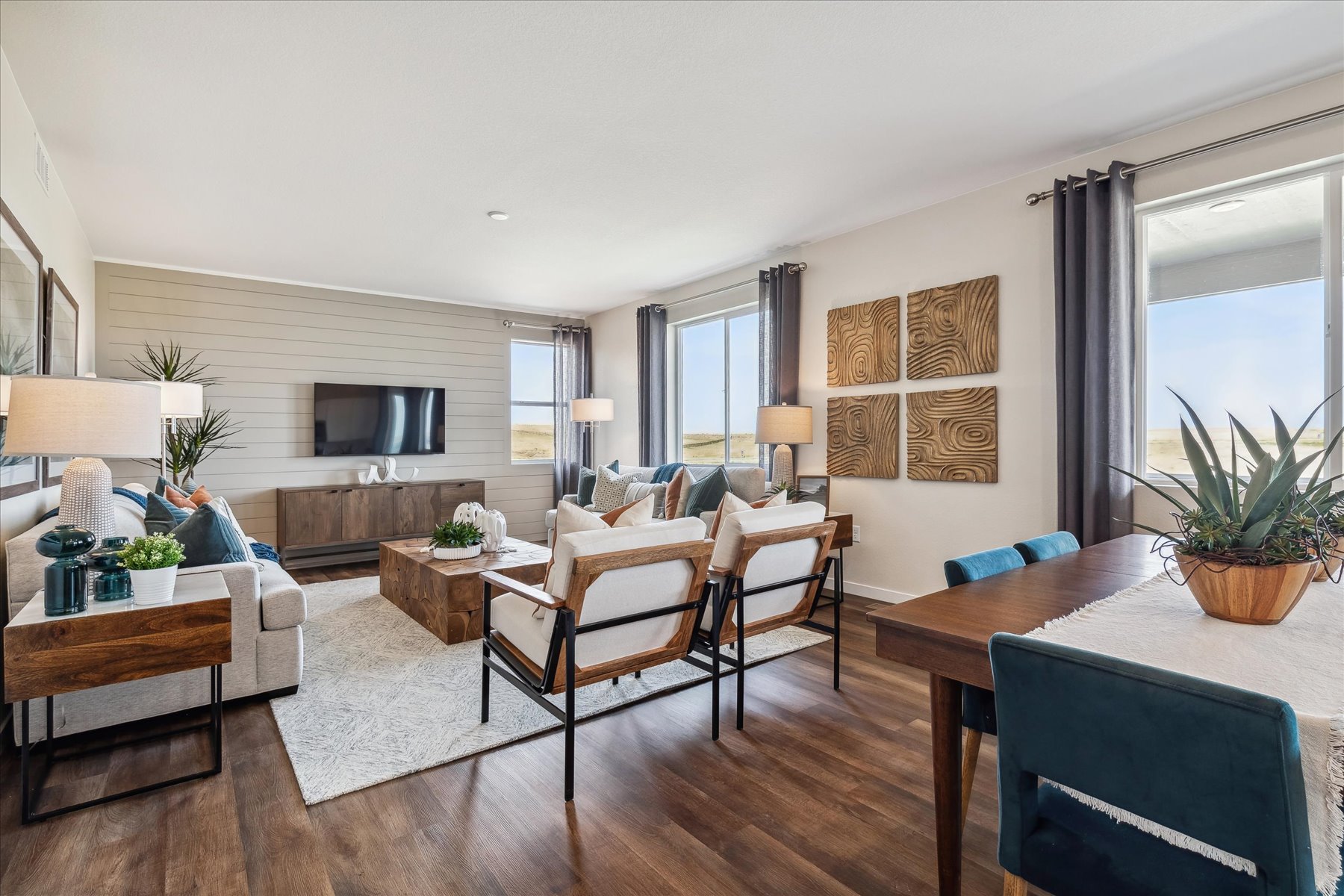 A living room with a large window.