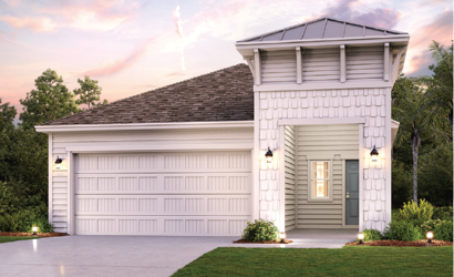 A white house with a garage.