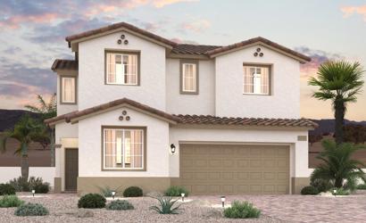 A house with a garage and palm trees.
