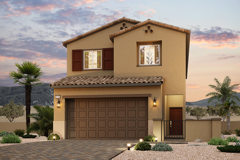 A house with a stone driveway.