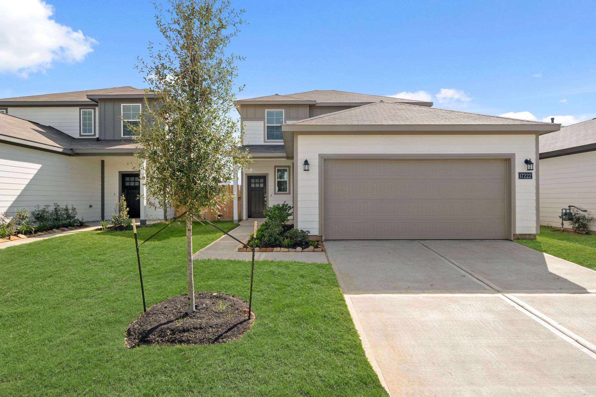 A house with a tree in the front yard.