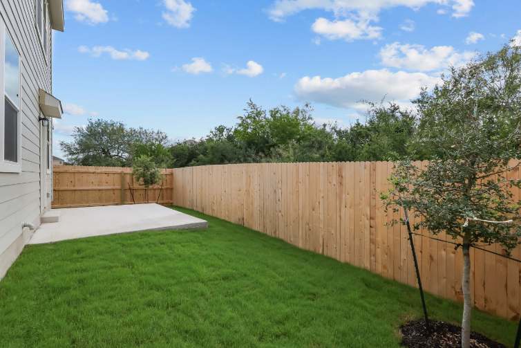 A backyard with a fence and trees.