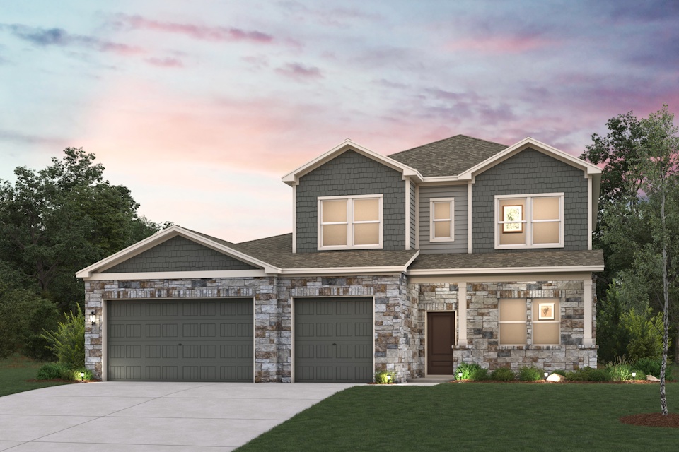 A house with garages and trees.