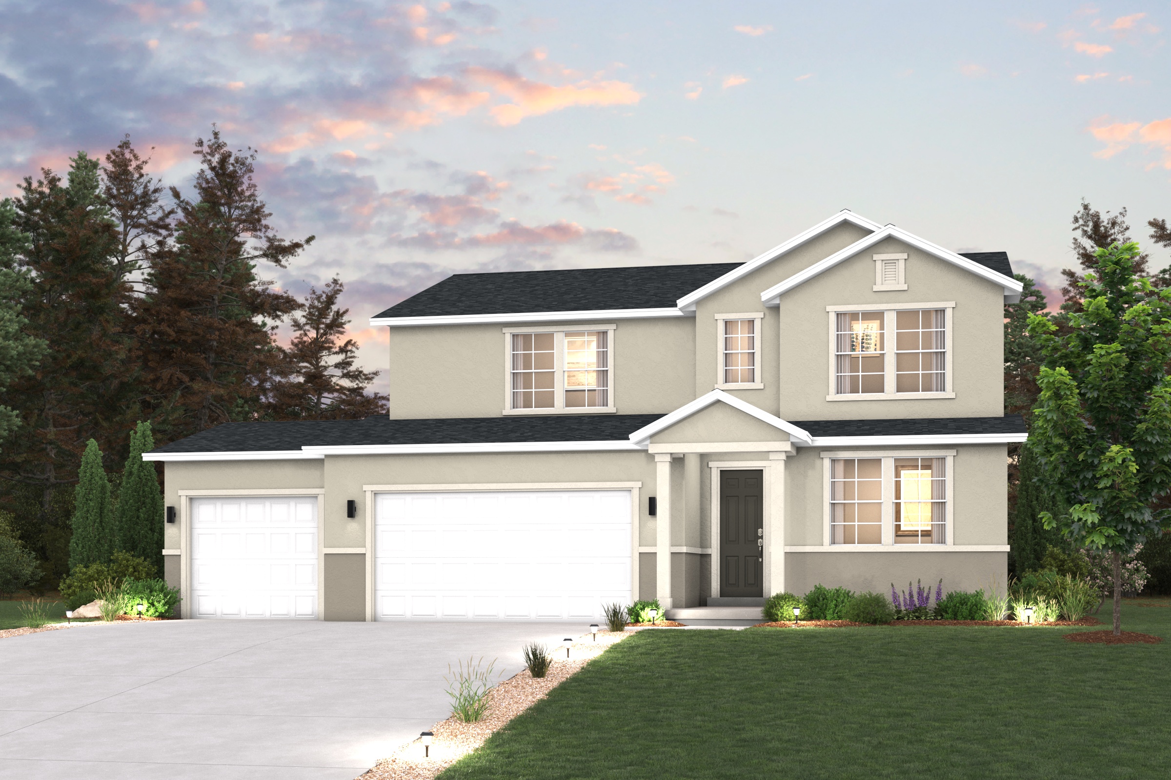 A house with a driveway and trees.