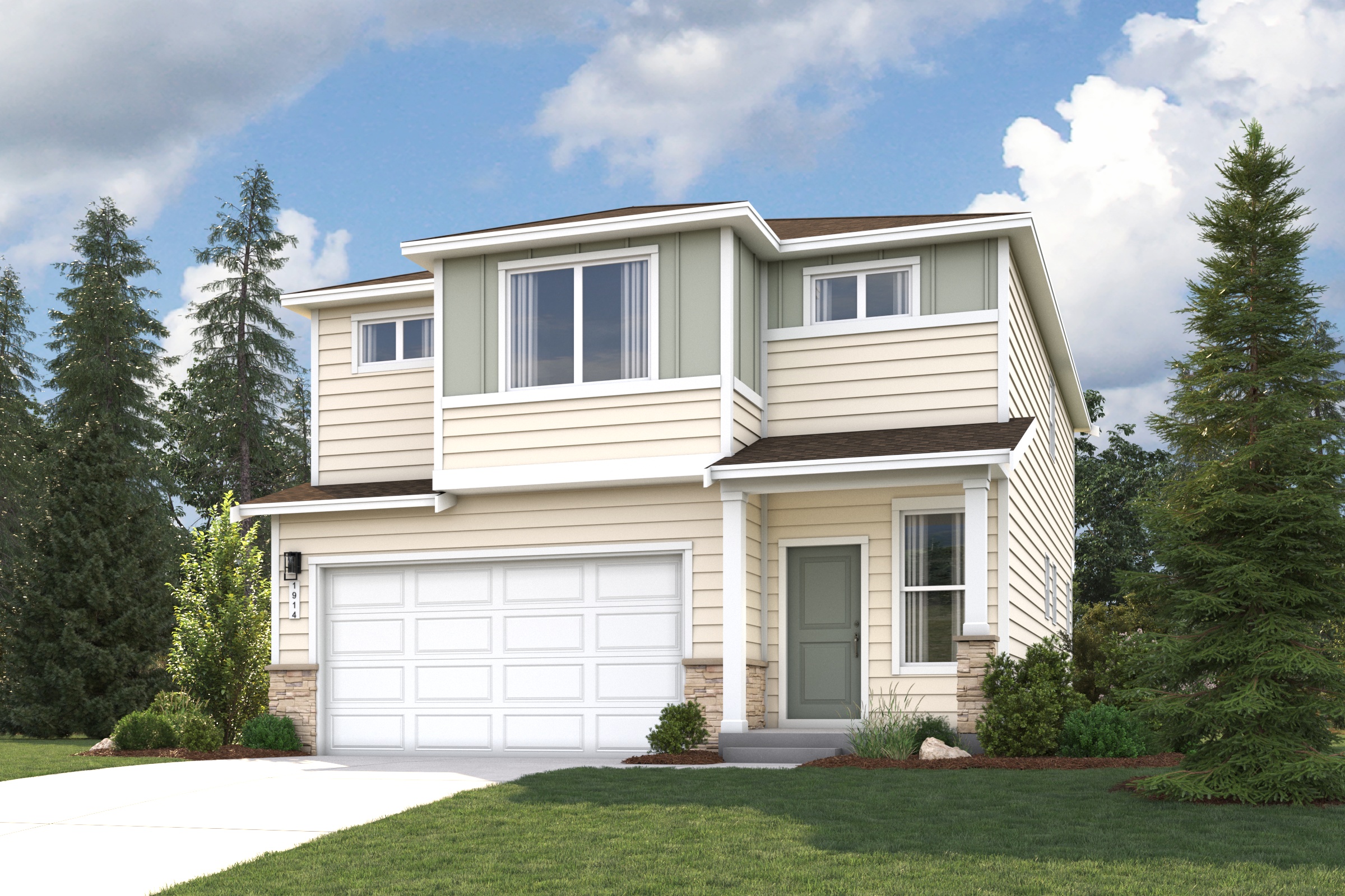 A house with a garage and trees.