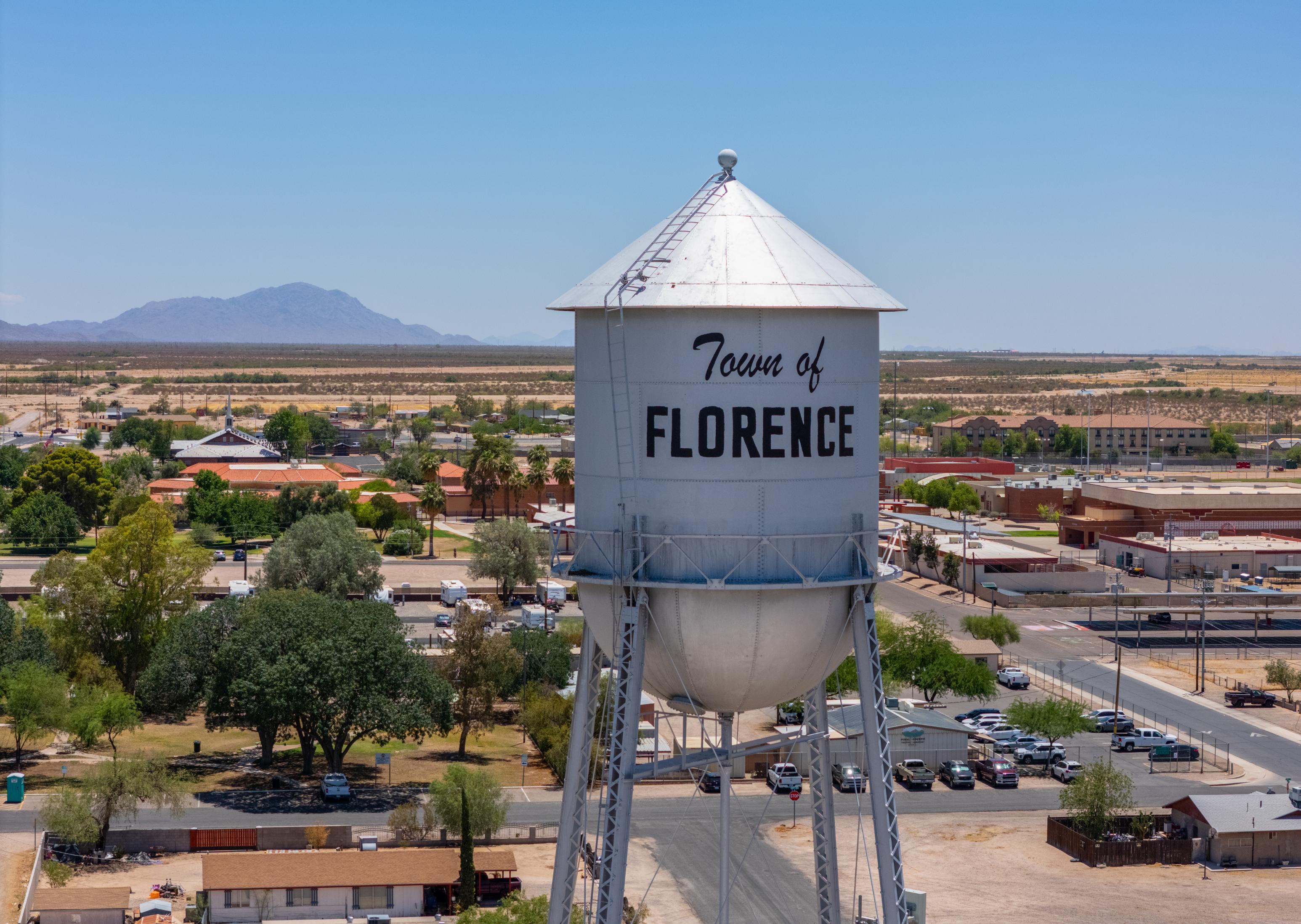 A water tower in a city.