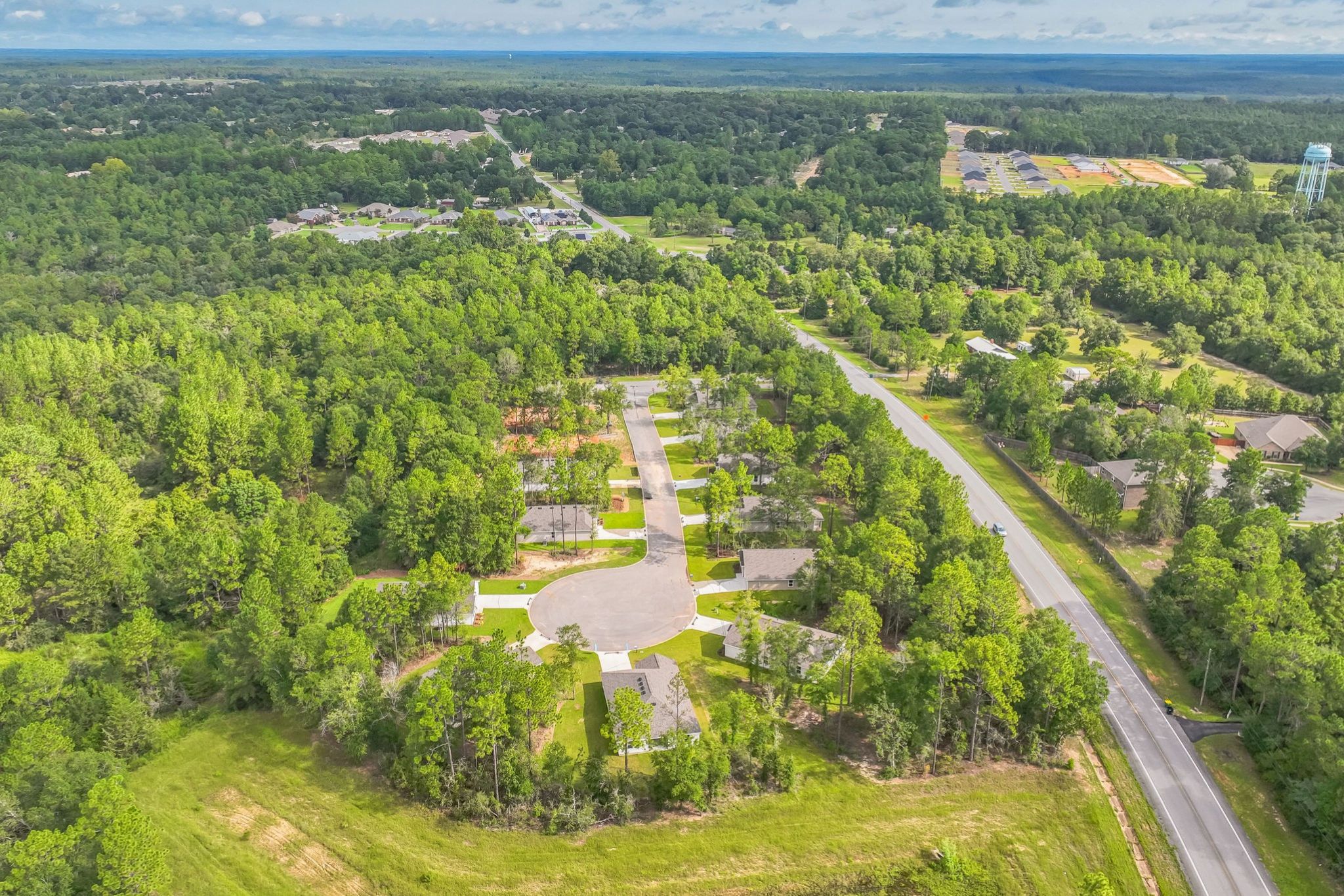 A road with trees and buildings.