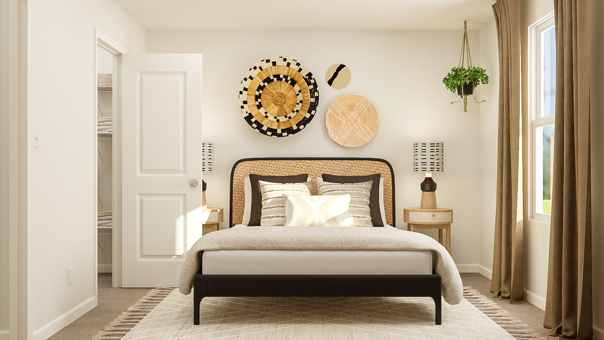 A bedroom with a bed and a lamp.