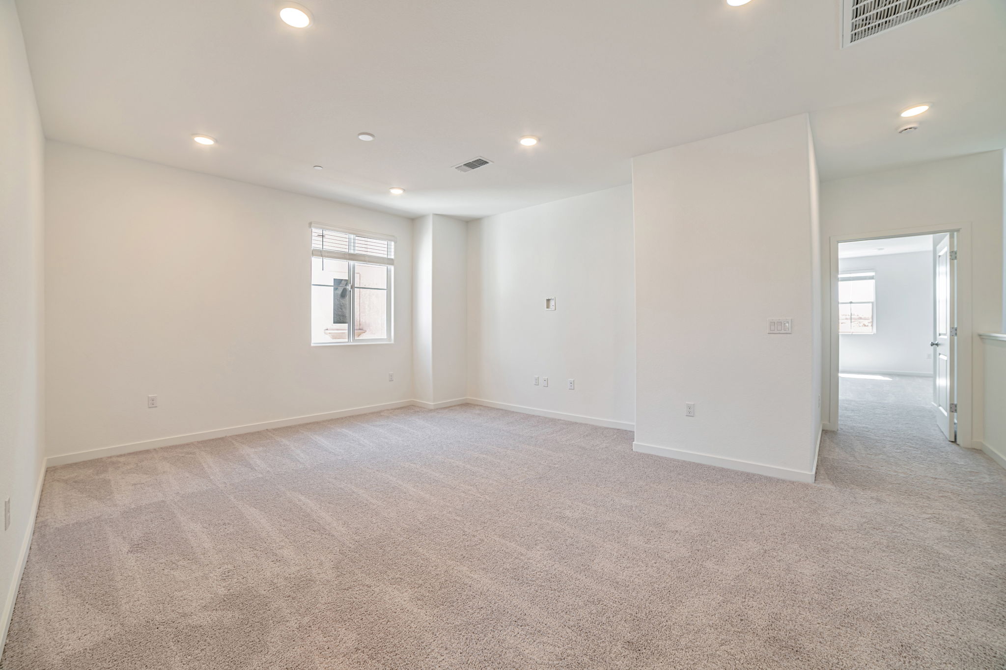 A room with a carpet and a white door.